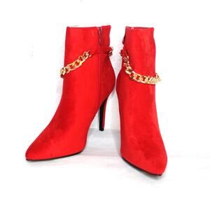 Mata Red Faux Suede Pointed Toe Stiletto High Heel Ankle Boot Size 11 NIB Chain
